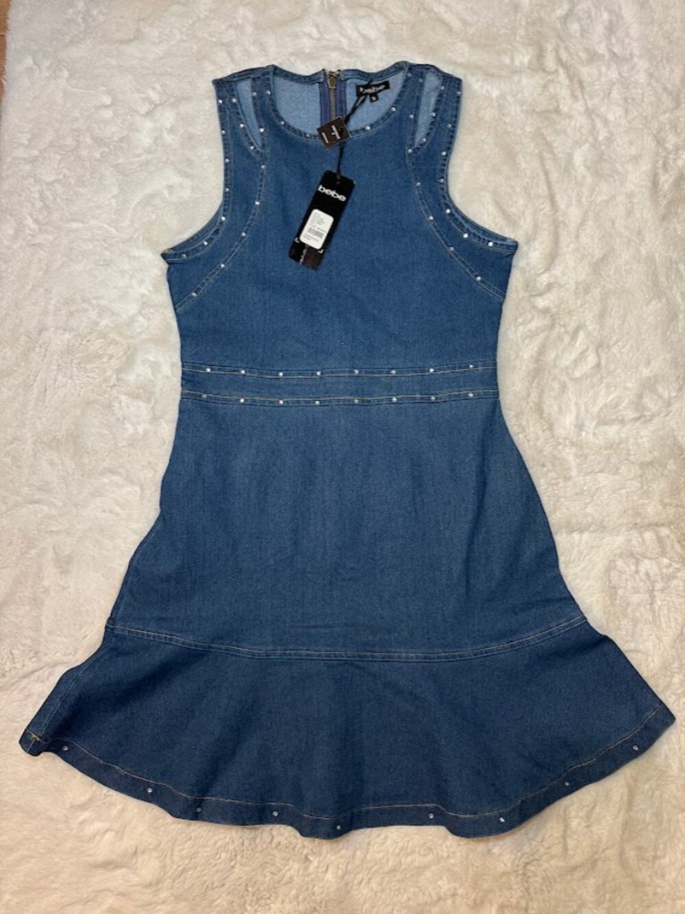 NWT Bebe Sz Small The Flounce Skirt Rhinestone Denim Dress Style BGD-85-M